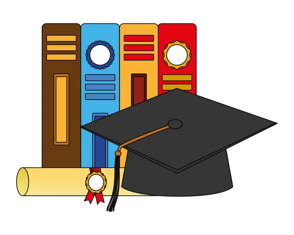 Diploma de pergamino y la graduación sombrero con libros — Vector de stock