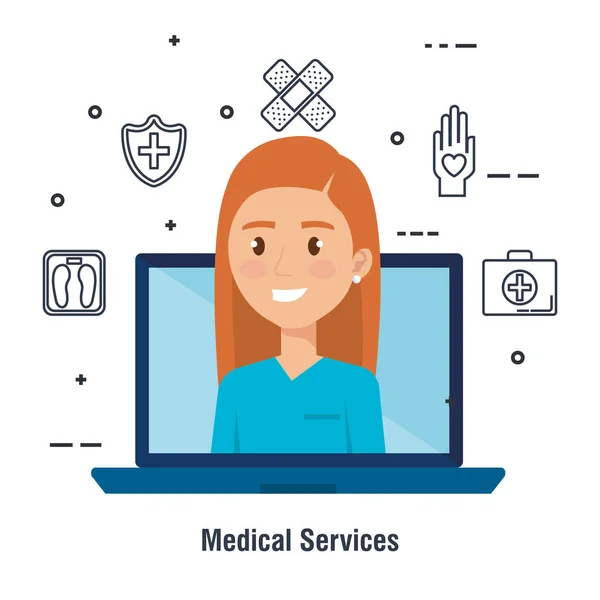 Portátil con carácter médico y los iconos de la telemedicina — Vector de stock
