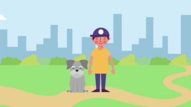 Şehir Parkı içinde köpeğiyle genç çocuk