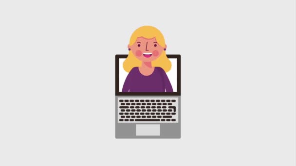 Blonde woman in laptop people speech bubble — Stock Video