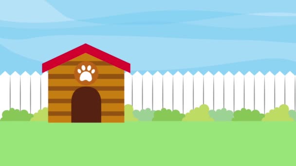 Happy dog in the garden with wooden house — Stock Video