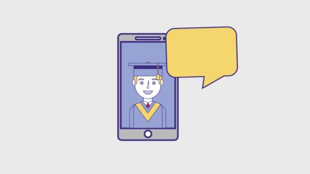 Afgestudeerde Man Smartphone Gesprekken Boeken Medaille Animatie — Stockvideo