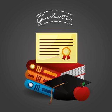 Tebrikler mezuniyet belgesi yukarıdaki kitap elma şapka vektör çizim renkler