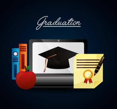 Tebrikler mezuniyet bilgisayar ekran şapka apple kitaplar parşömen vektör çizim