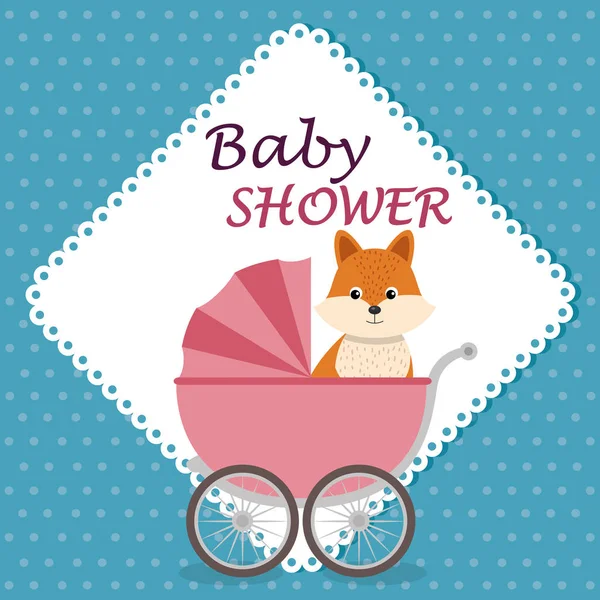 Baby shower card with cute fox in cart — Stock Vector