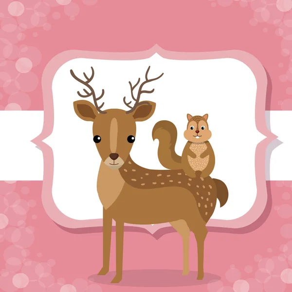 Cute reindeer and chipmunk animal character — Stock Vector