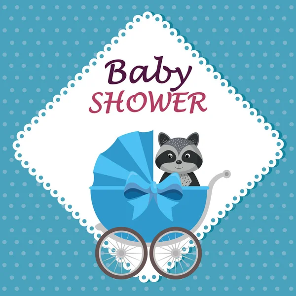 Baby shower card with cute raccoon in cart — Stockvector