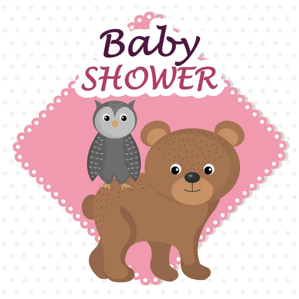Tarjeta de ducha de bebé con oso lindo y búho — Vector de stock