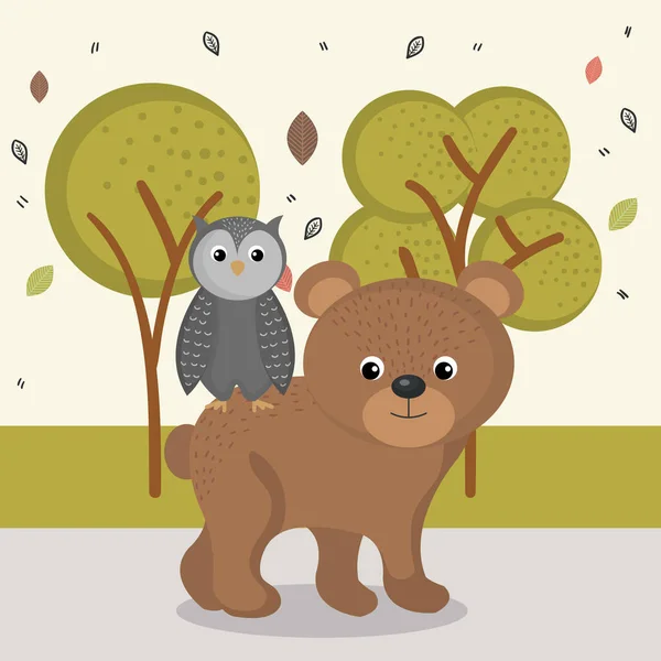 Χαριτωμένο αρκουδάκι και χαρακτήρες ζώων κουκουβάγια — Διανυσματικό Αρχείο
