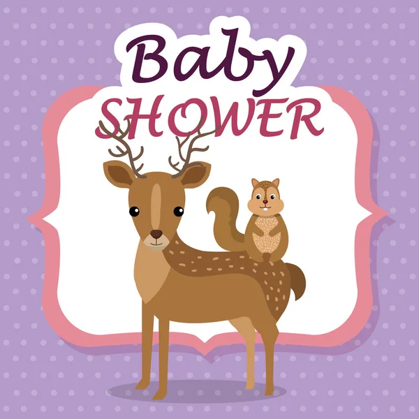 Bebek duş kartı ile şirin Ren geyiği ve sincap — Stok Vektör