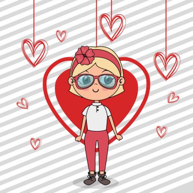 kawaii karakter asılı kalpleri ile güzel kız