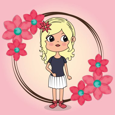 çerçeve çiçek kawaii karakteri ile güzel kız