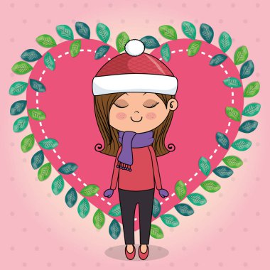 kalp çerçeve çiçek kawaii karakteri ile güzel kız