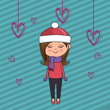 kawaii karakter asılı kalpleri ile güzel kız