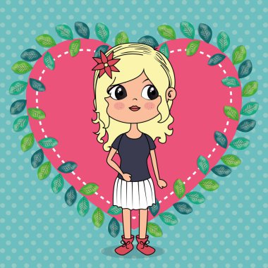 kalp çerçeve çiçek kawaii karakteri ile güzel kız