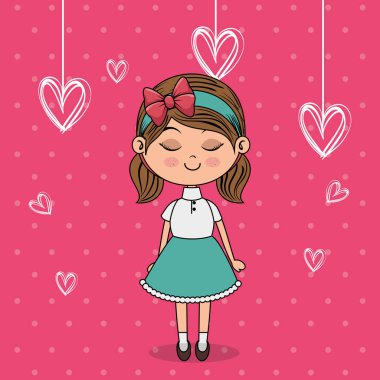 kawaii karakter asılı kalpleri ile güzel kız