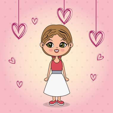 kawaii karakter asılı kalpleri ile güzel kız