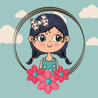 çerçeve çiçek kawaii karakteri ile güzel kız