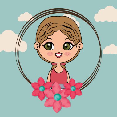 çerçeve çiçek kawaii karakteri ile güzel kız