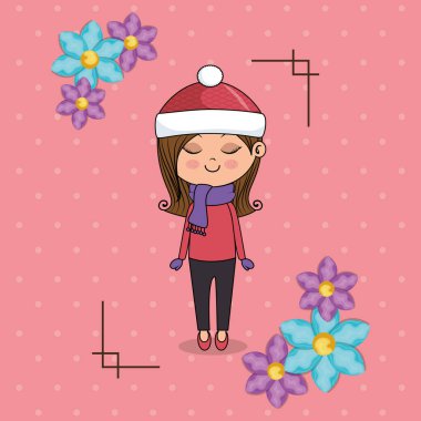 çerçeve çiçek kawaii karakteri ile güzel kız