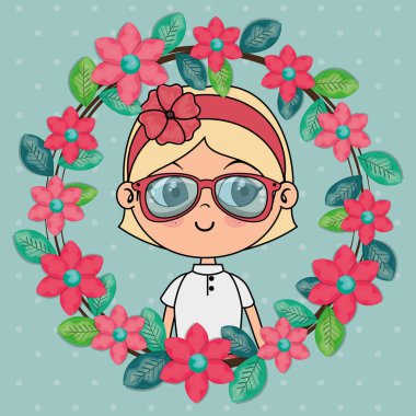 çerçeve çiçek kawaii karakteri ile güzel kız