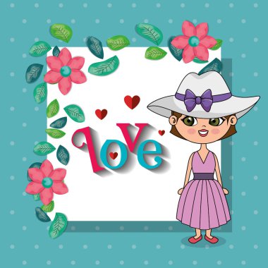 çerçeve çiçek kawaii karakter vektör çizim tasarımı ile güzel kız