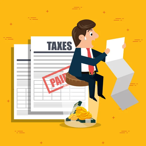 Επιχειρηματίας χαρακτήρα με τα εικονίδια τους φόρους — Διανυσματικό Αρχείο