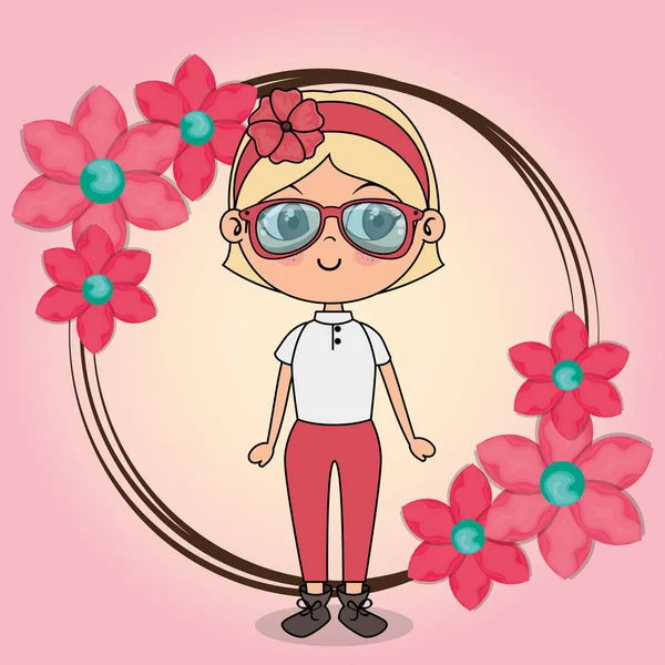 Çerçeve çiçek kawaii karakteri ile güzel kız — Stok Vektör