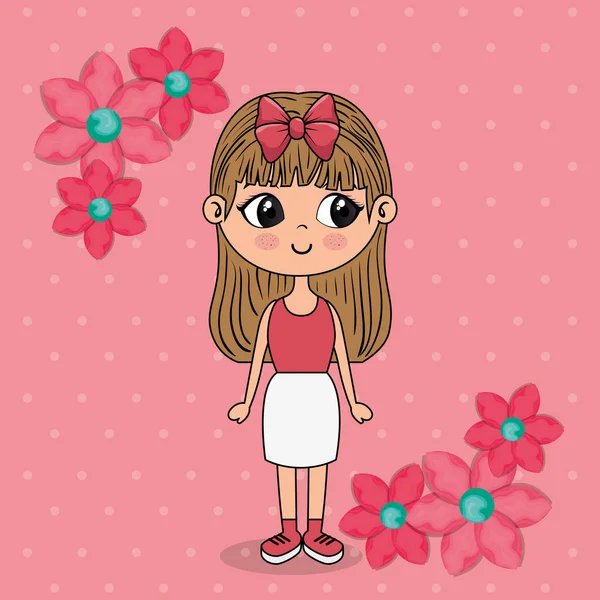 Menina bonita com moldura floral personagem kawaii — Vetor de Stock