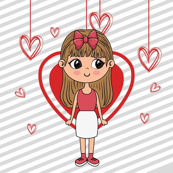 Hermosa chica con corazones colgando carácter kawaii — Vector de stock