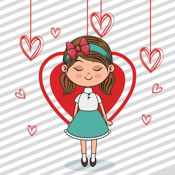 Beautiful girl with hearts hanging kawaii character — Stock Vector