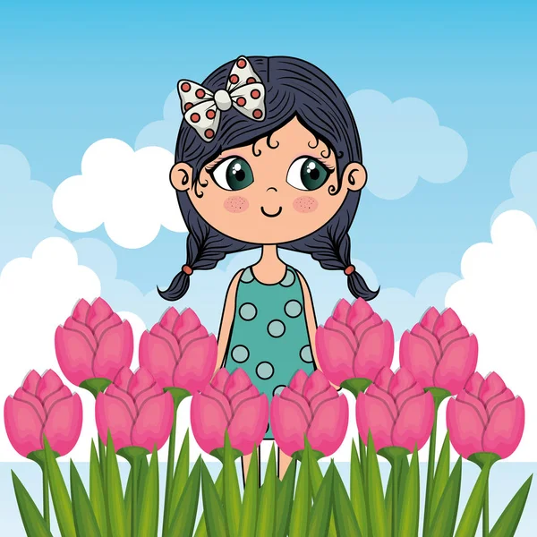 Mooi meisje in het teken van de tuin kawaii rozen — Stockvector