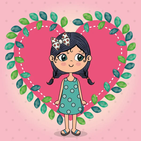 Mooi meisje met hart floral frame kawaii karakter — Stockvector