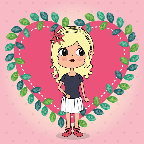 Bella ragazza con cuore floreale carattere cornice kawaii — Vettoriale Stock