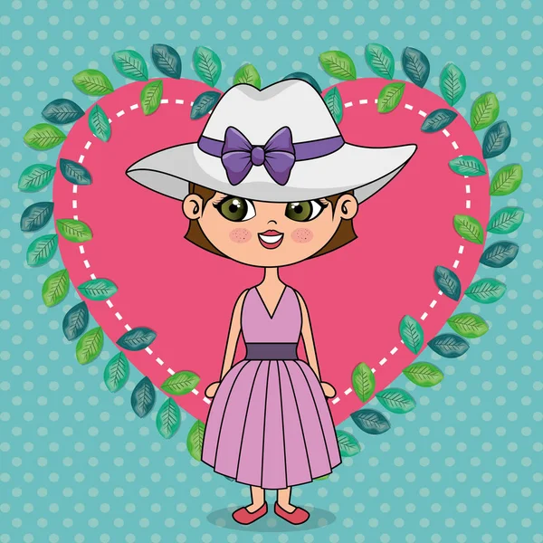 kalp çerçeve çiçek kawaii karakteri ile güzel kız