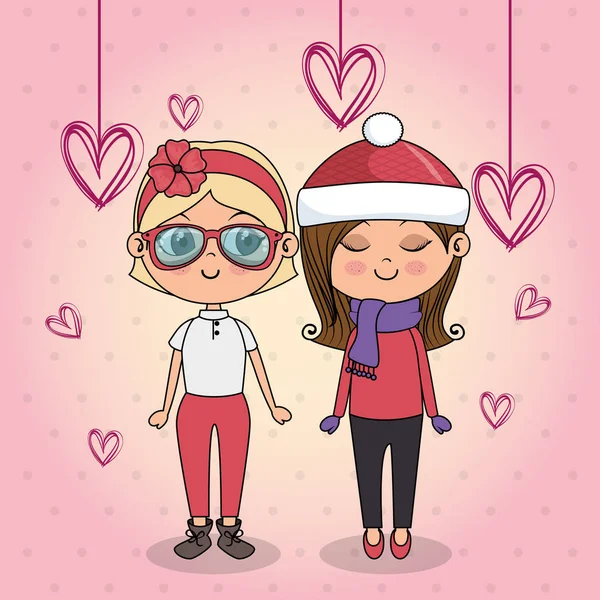 güzel kızlar kawaii asılı kalpleri ile çift