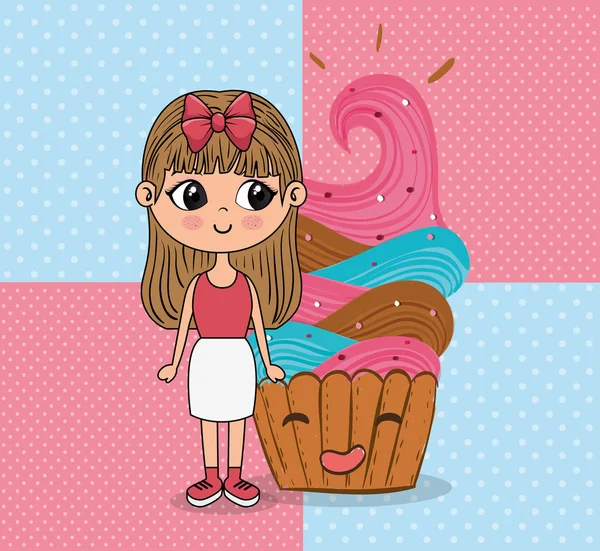 Belle fille avec cupcake kawaii personnages — Image vectorielle