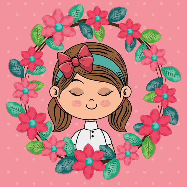 Hermosa chica con marco floral kawaii carácter — Archivo Imágenes Vectoriales