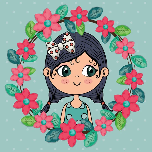 Bella ragazza con cornice floreale carattere kawaii — Vettoriale Stock