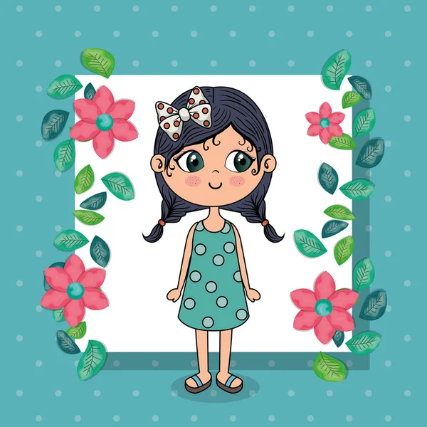 Menina bonita com moldura floral personagem kawaii — Vetor de Stock