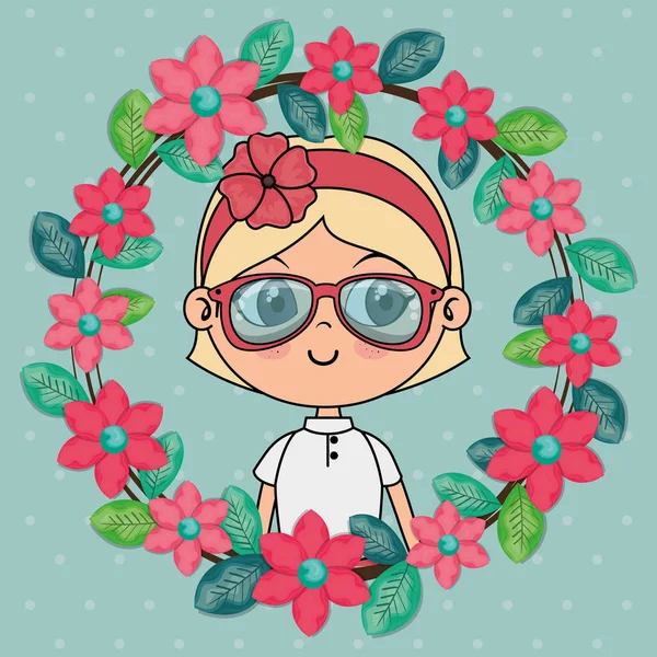 Krásná dívka s květinový rámeček kawaii charakter — Stockový vektor