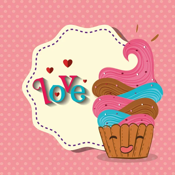 Söt cupcake med kärlek ram kawaii karaktär — Stock vektor