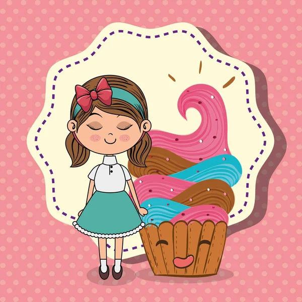 Hermosa chica con cupcake kawaii caracteres — Vector de stock