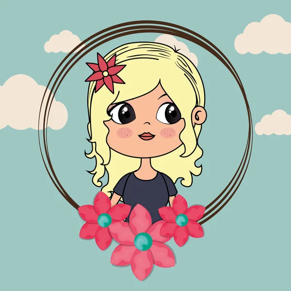 Hermosa chica con marco floral kawaii carácter — Vector de stock