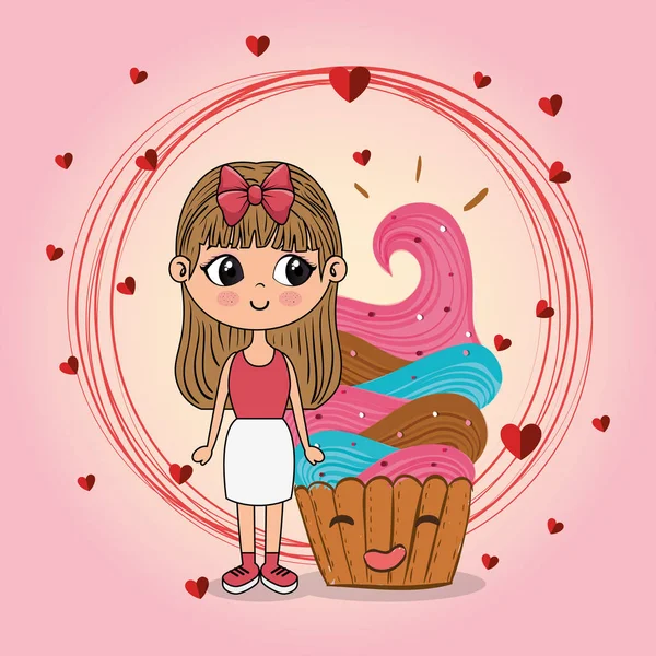 Hermosa chica con cupcake kawaii caracteres — Archivo Imágenes Vectoriales