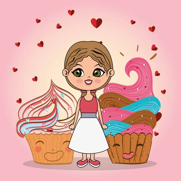 Bella ragazza con cupcake kawaii personaggi — Vettoriale Stock