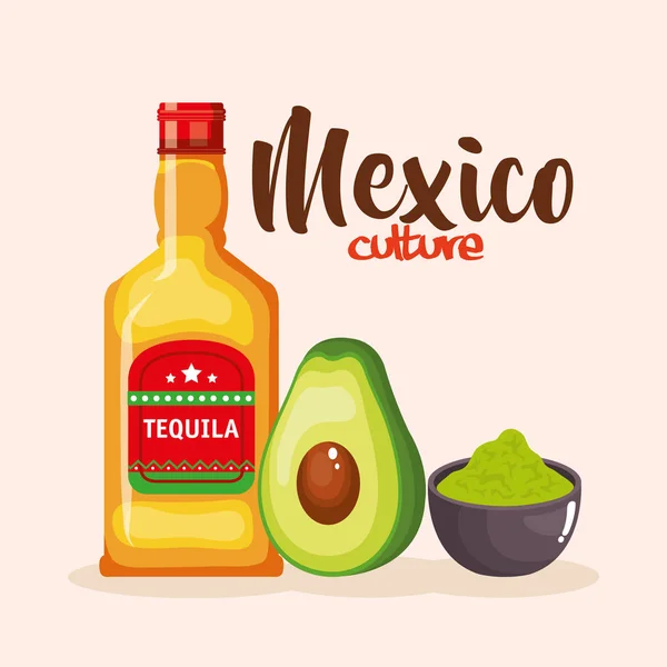 Tequila mexicana e molho de guacamole — Vetor de Stock
