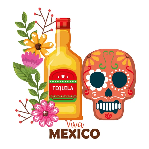 Día de la máscara muerta con botella de tequila — Vector de stock
