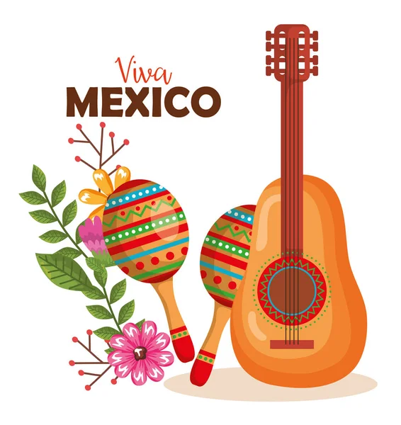 Cultura mexicana guitarra e maracas — Vetor de Stock