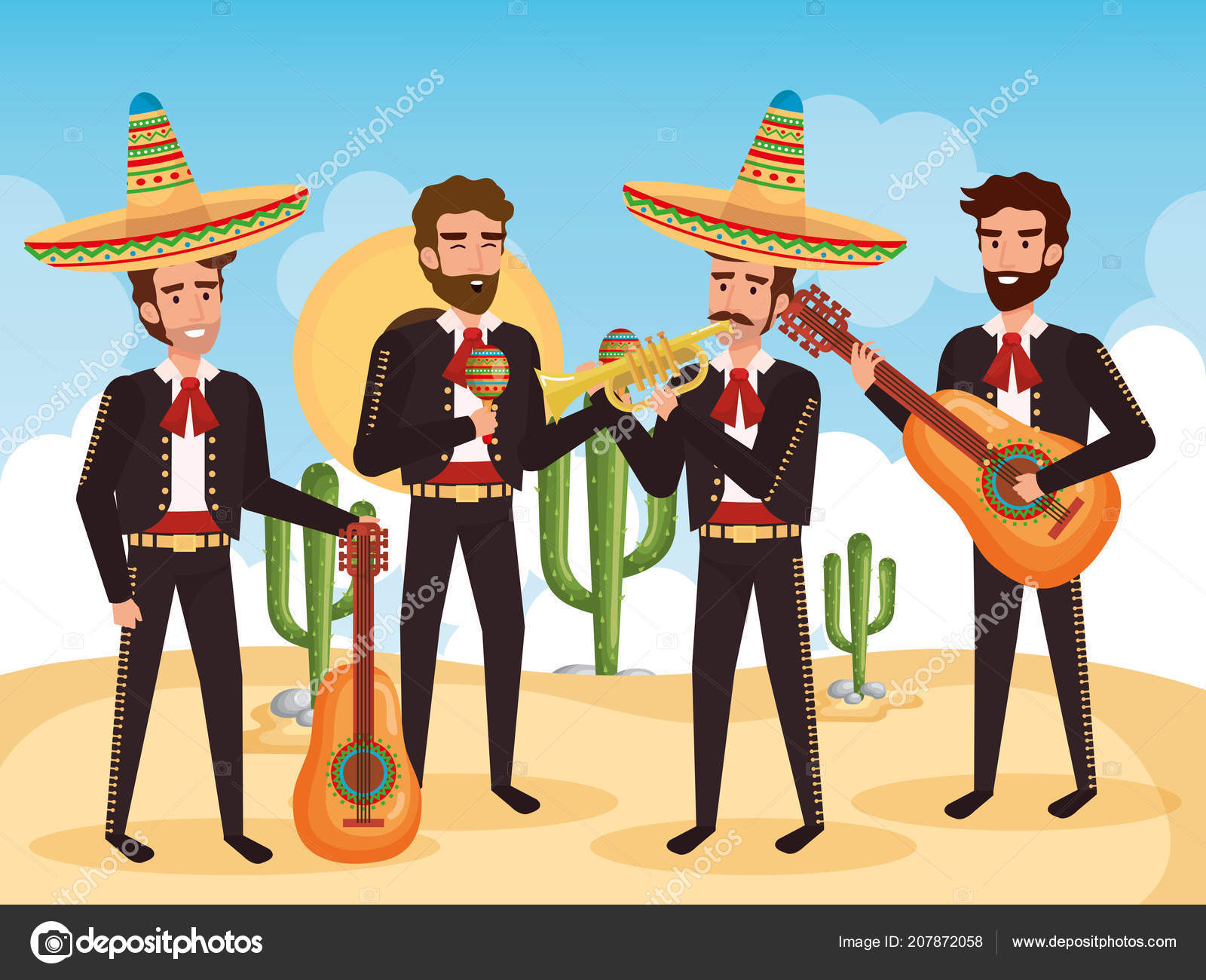 Group mexican mariachis with instruments Stock Vector by